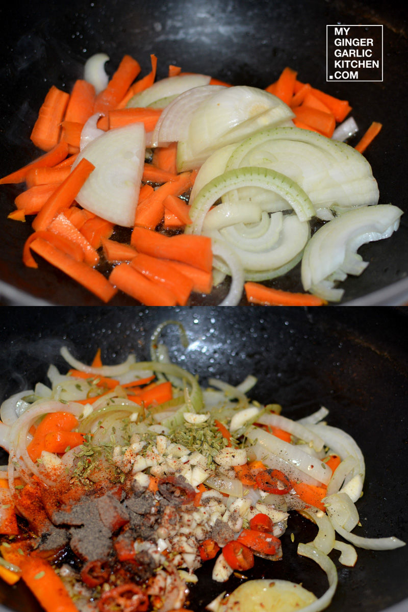 two pictures of a pan with carrots and onions