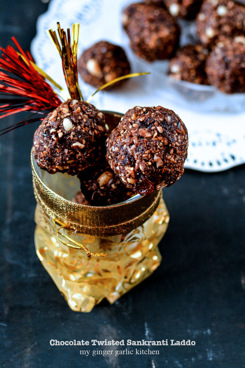 no bake chocolate twisted sankranti laddo on a table in a gold cup on a table