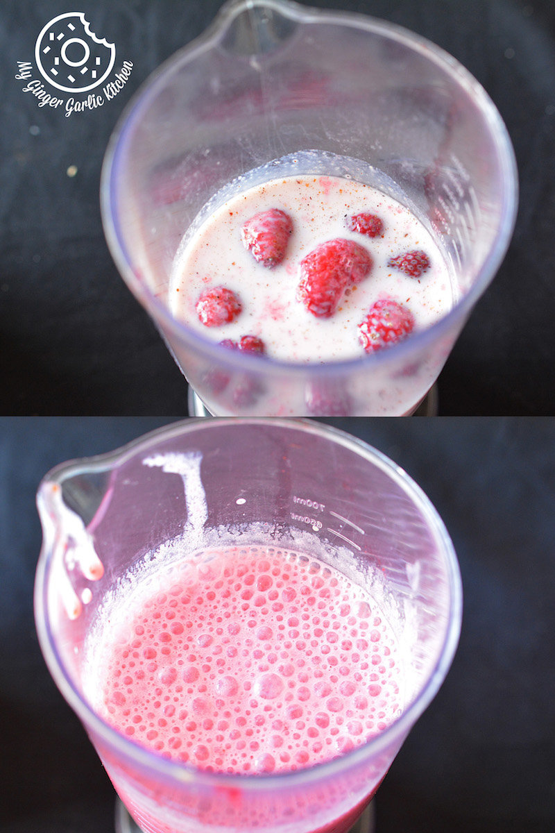 two cups of valentine smoothies with raspberries in them