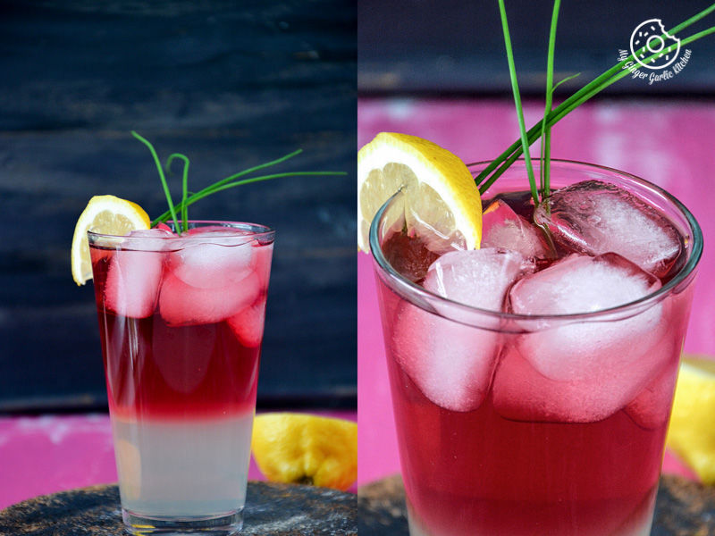 two glasses of watermelon lemonade with lemon slices and ice