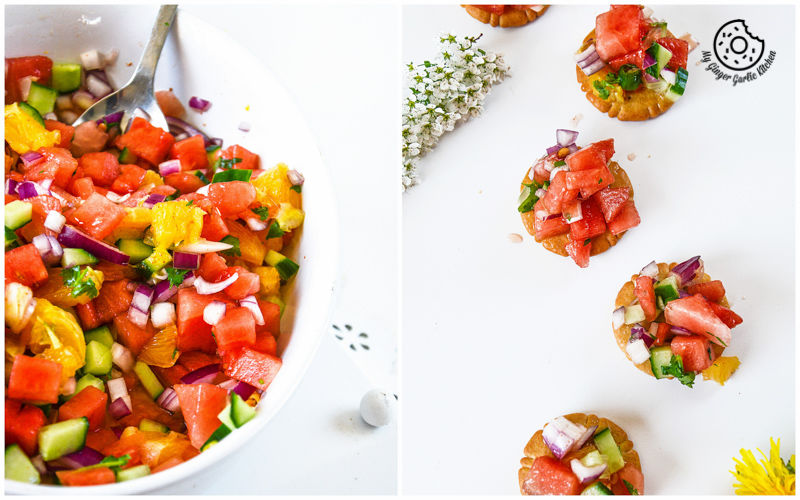 two pictures of a bowl of watermelon orange salsa bites 