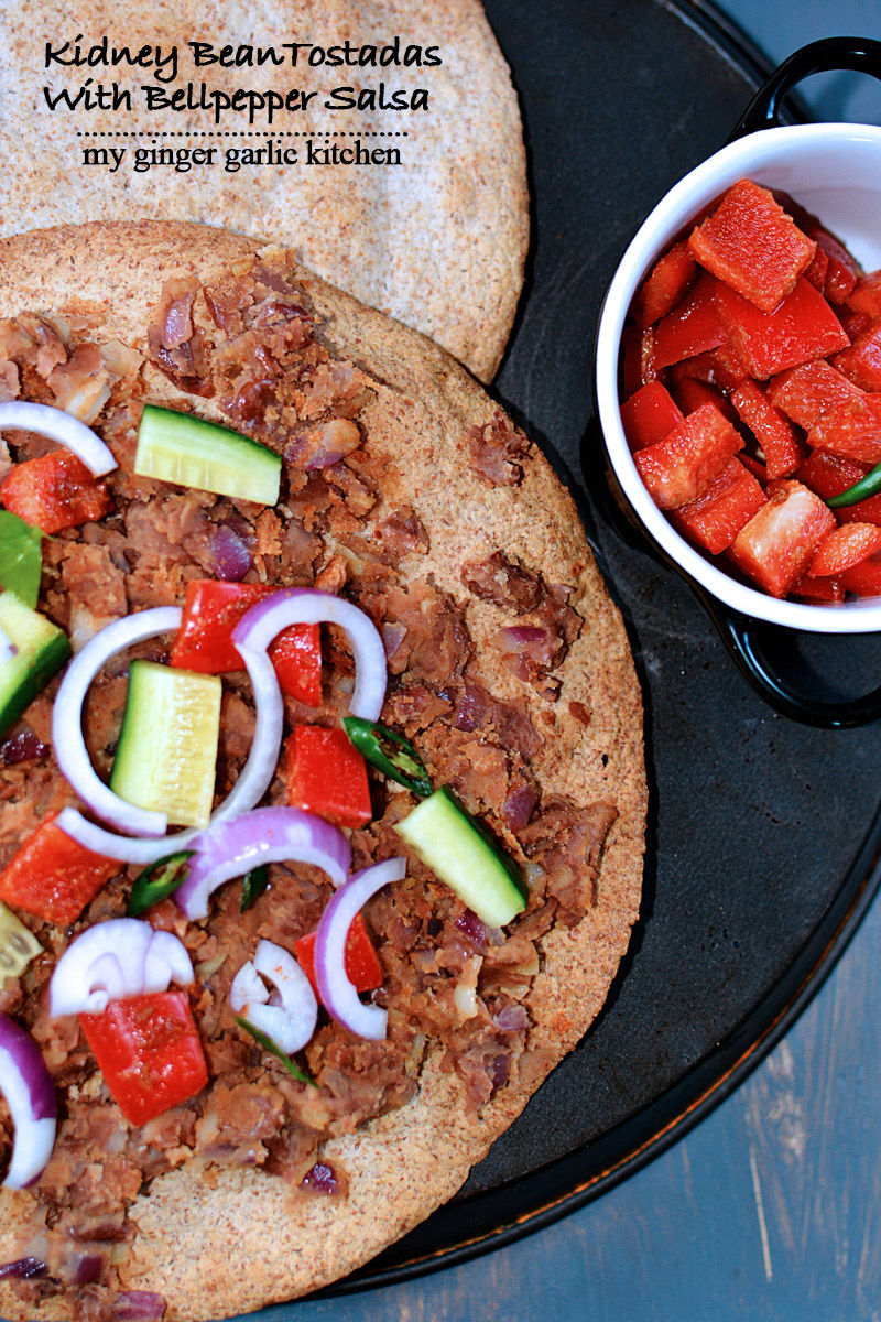 wholewheat kidney bean tostadas with bell pepper salsa on a plate