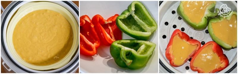 a close up of a plate of food with peppers and a dip