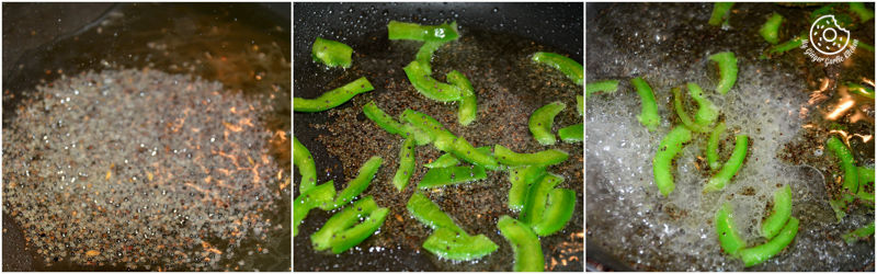 green peppers being cooked in a pan with water