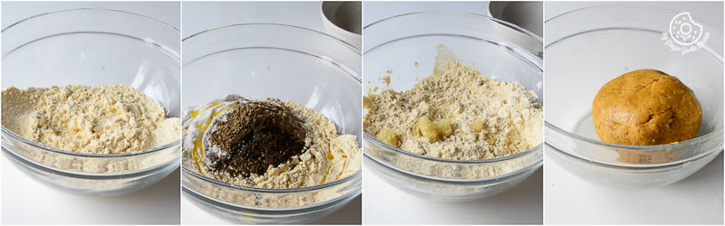 four images of a bowl of flour, a potato, and a spoon