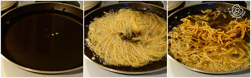 three pictures of a pan filled with noodles and sauce on top of a stove