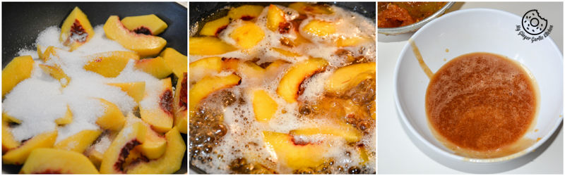 peaches and sugar in a pan and a bowl of sugar