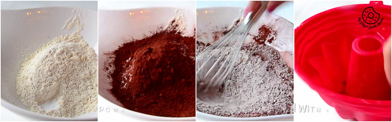 three different pictures of a bowl of flour and a bowl of chocolate
