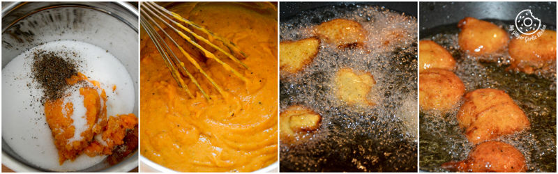 a close up of a pan filled with pumpkin fritters dough and a whisk