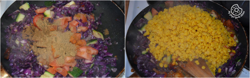 two pictures of a pan with vegetables and a mixture of seasoning
