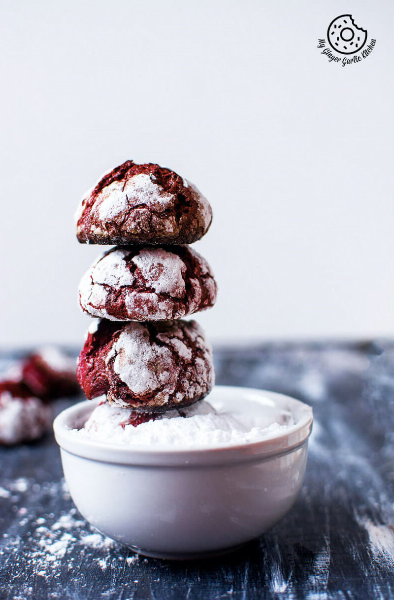 photo collage of red velvet crinkle cookies