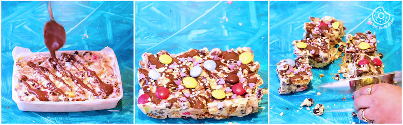 araffe cake with chocolate and candy sprinkles being cut into pieces