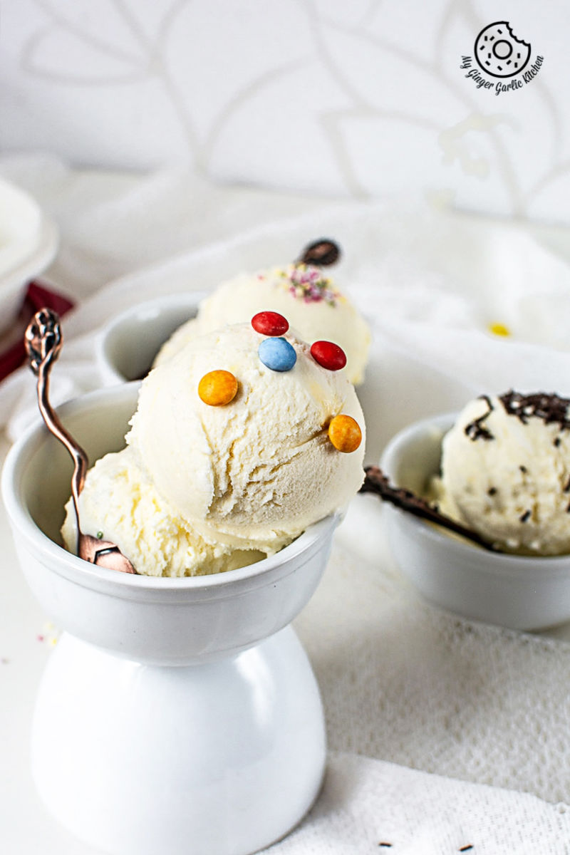 a bowl of no churn homemade vanilla ice cream with candies