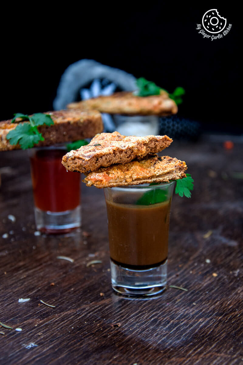 three shots of dips on a table with a sooji toast rava toasts