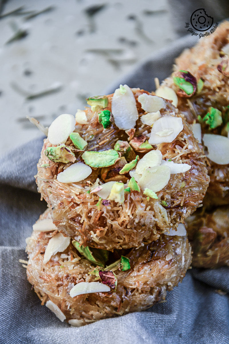 there are three vermicelli birds nest cookies that are stacked on top of each other