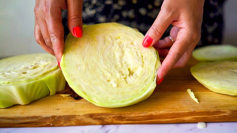 Image of the recipe cooking step-1-2 for Roasted Cabbage Steaks With Chickpea Stew
