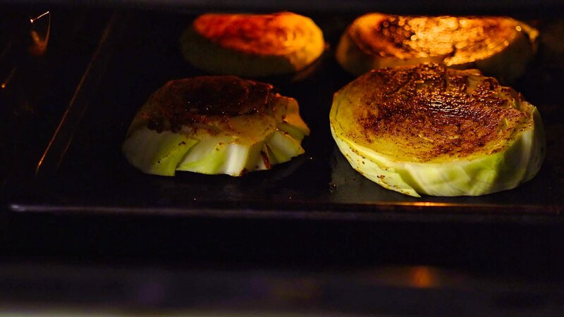 Image of the recipe cooking step-1-5 for Roasted Cabbage Steaks With Chickpea Stew