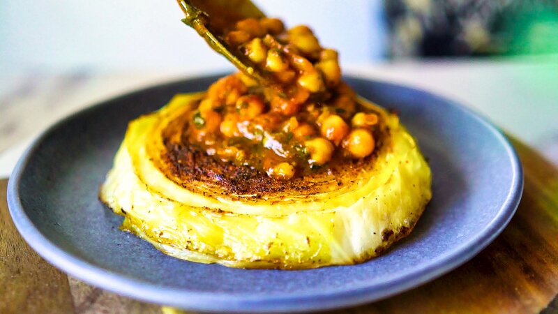 Image of the recipe cooking step-4-1 for Roasted Cabbage Steaks With Chickpea Stew