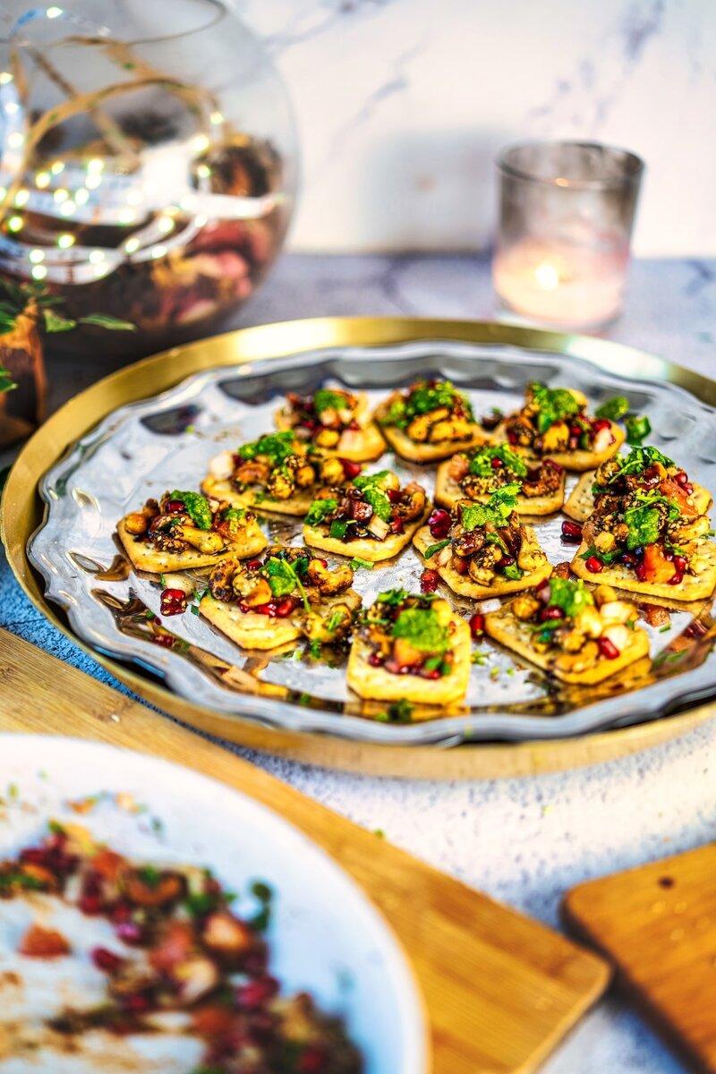 Festive tray of Sweet and Spicy Roasted Cashews Chaat Bites arranged for Diwali party appetizer presentation