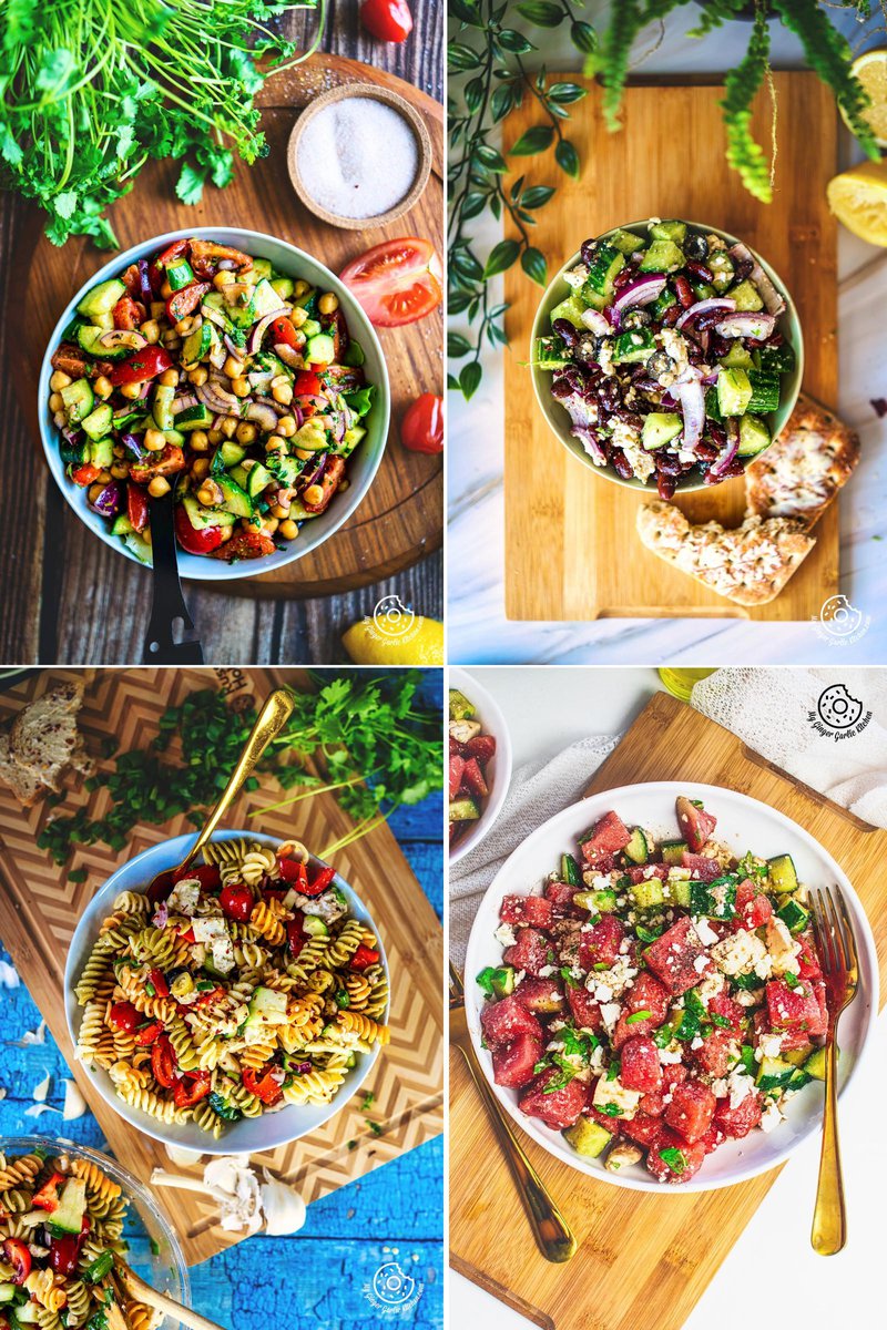 Four vibrant, fresh salads displayed; top left features a bean and vegetable mix, top right shows a Greek salad, bottom left a pasta salad, and bottom right a watermelon and feta salad.