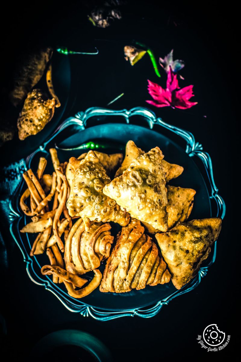 overhead shot of samosa served in a plate