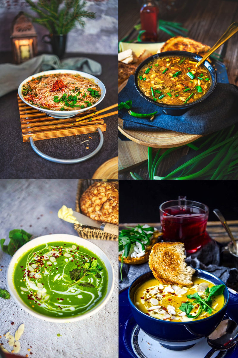 Collage of four vegetarian soups: steaming hot and sour soup, vibrant spinach soup, asian noodle soup, and creamy roasted butternut squash soup, served in beautiful bowls