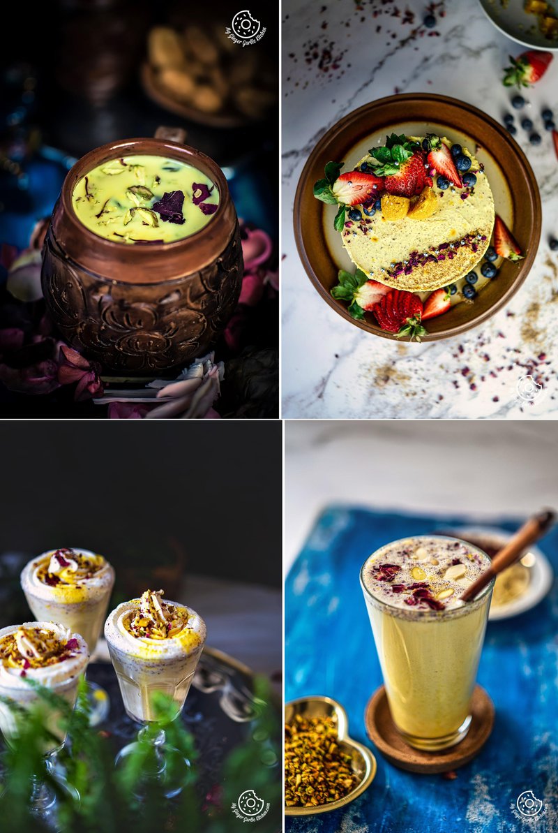 Thandai-inspired treats including thandai served in a traditional clay pot, a thandai-flavored cheesecake, and thandai milkshakes.
