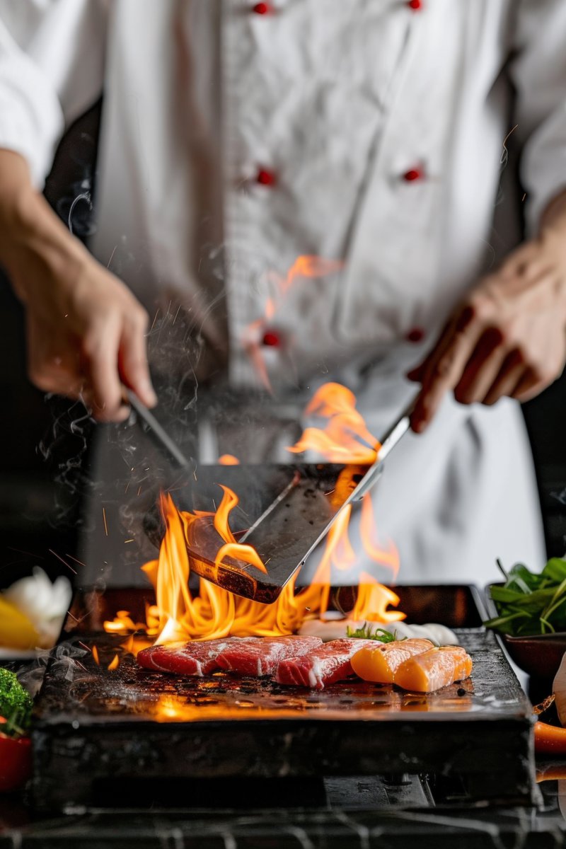 Chef cooking vibrant vegetables and slices of meat on a flaming hibachi grill.