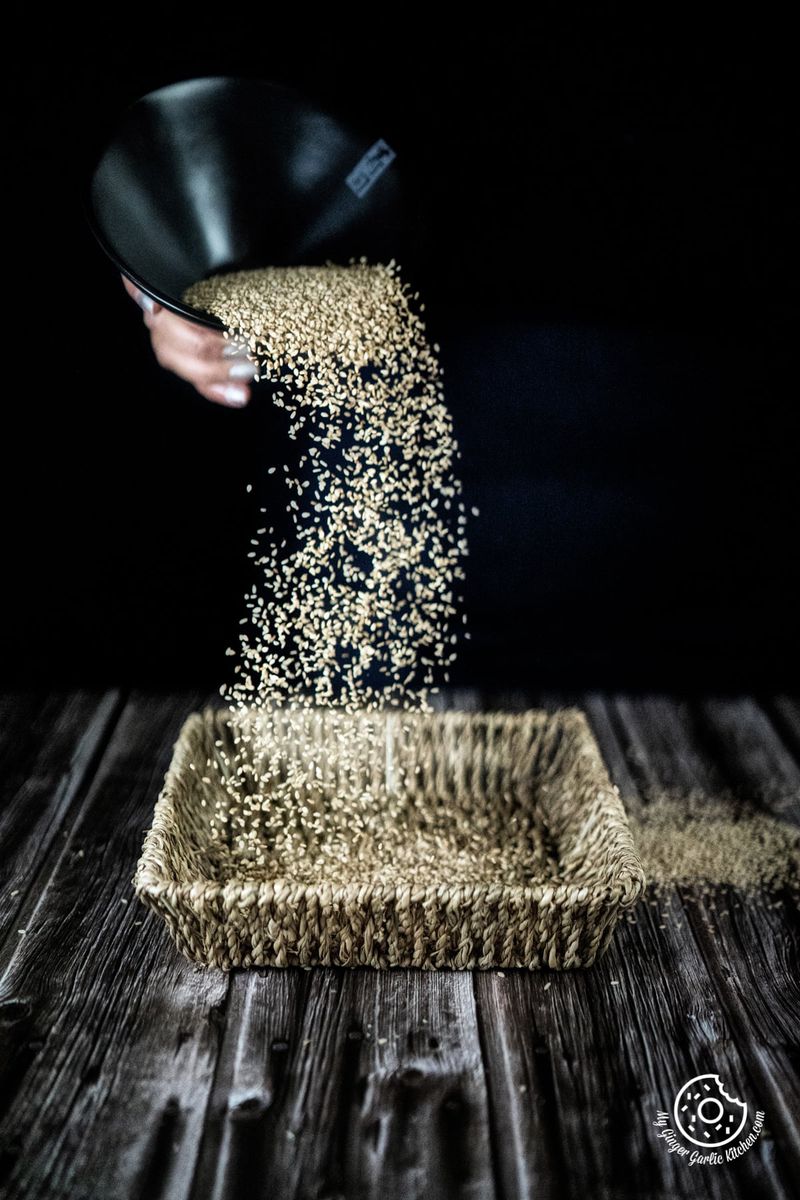 sesame seeds pouring action shot