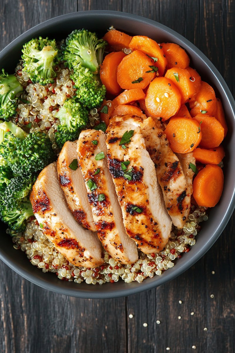 Sliced grilled chicken breast served with quinoa, steamed broccoli, and sliced carrots in a bowl, garnished with herbs.