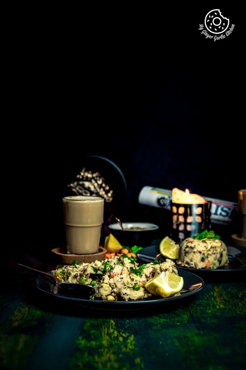 rava upma garnished with coriander leaves and served with a lemon wedge