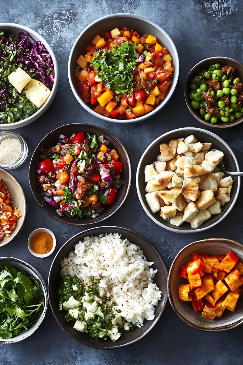 Assorted vegetarian meal bowls including rice, paneer, fresh salad, chopped vegetables, chickpeas, and colorful toppings — healthy plant-based meal prep ideas