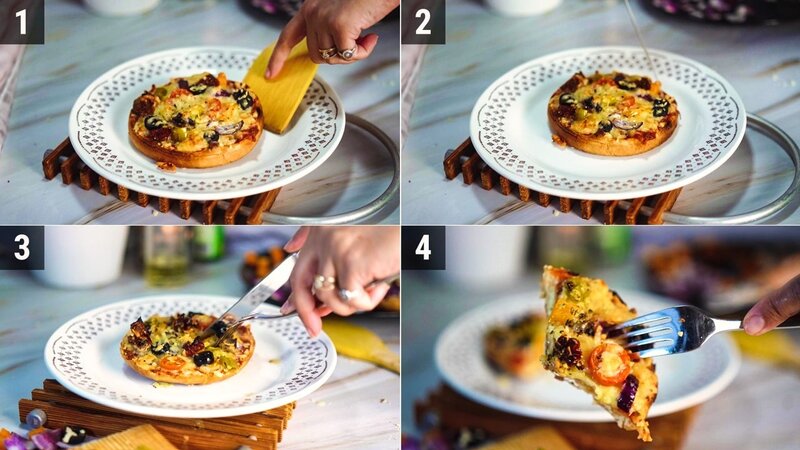 Image of the recipe cooking step-1-4 for Veggie Bun Pizza