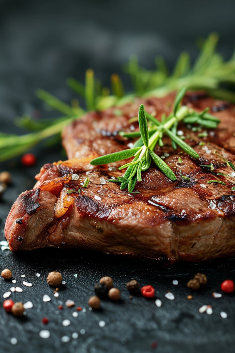 Close-up of a grilled steak garnished with fresh rosemary and spices, on a dark surface.