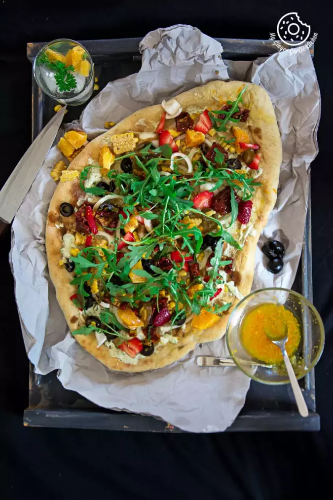 Corn Cream Cheese Flatbread with Orange Vinaigrette